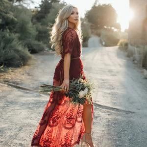 Red Boho overlay Lace Tulle Maxi Dress